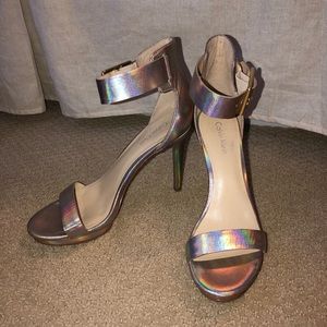 Calvin Klein metallic ankle strap heels